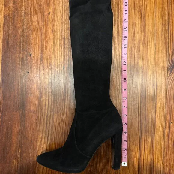 Stuart Weitzman Black Suede Gold Heel Accent Pull-on Boots, 9M - Picture 7 of 13